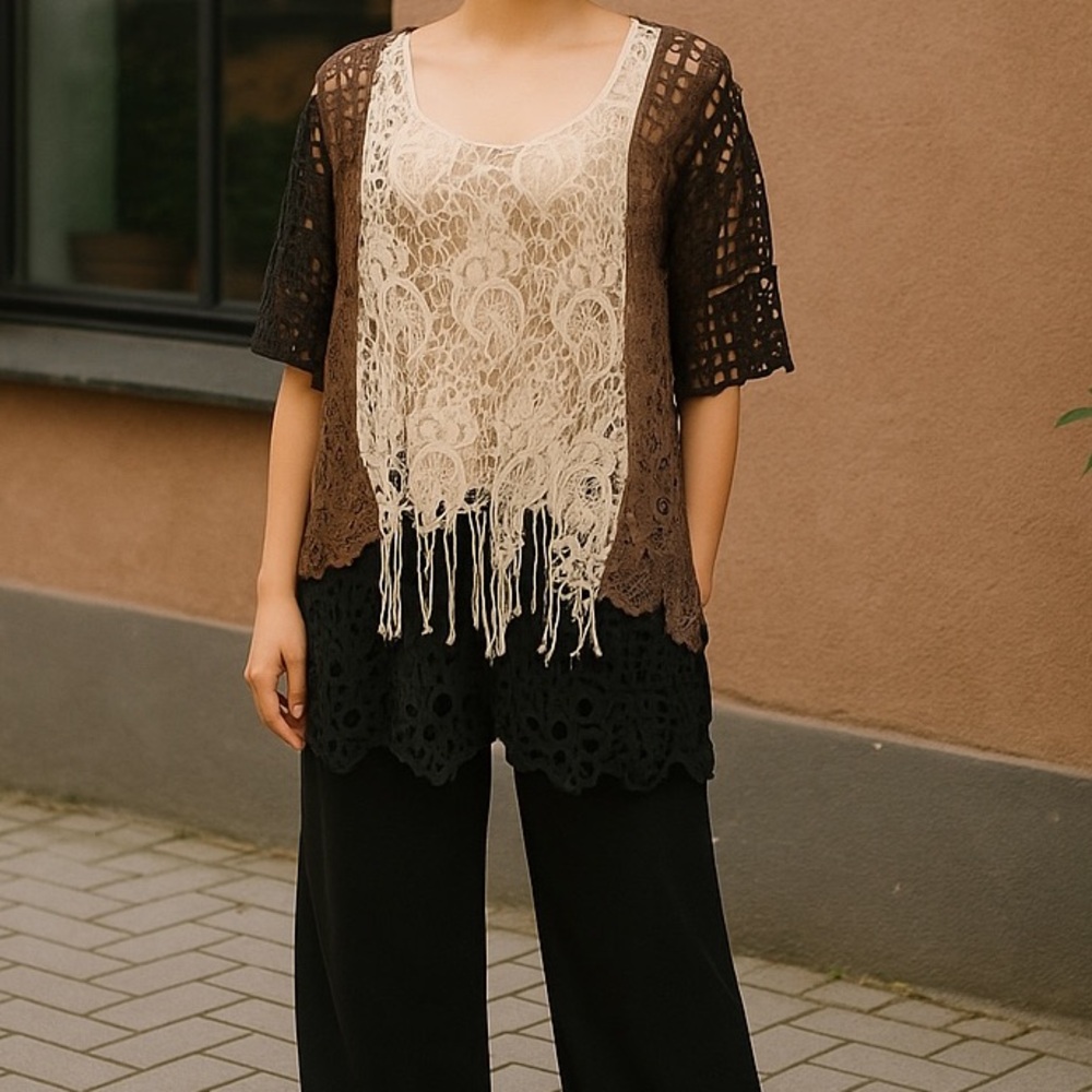 L&B Brown and Black Lace Overlay Sweater